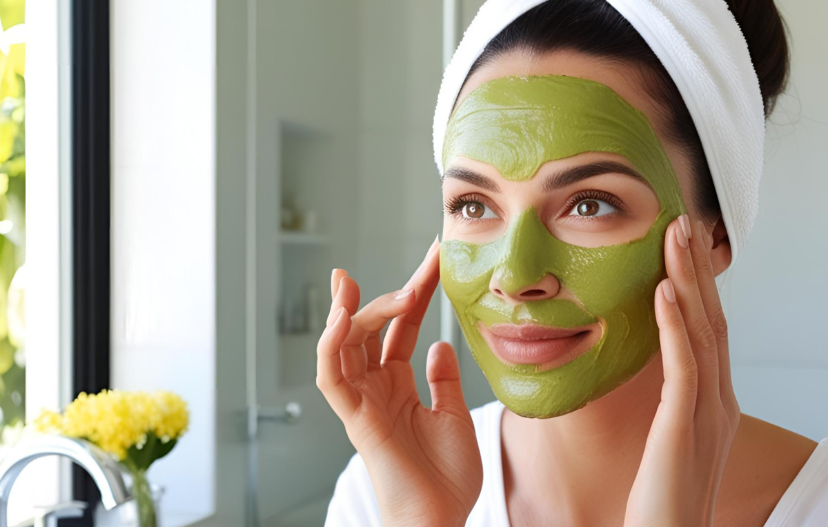 Woman applying a hydrating avocado and honey face mask in a bright bathroom