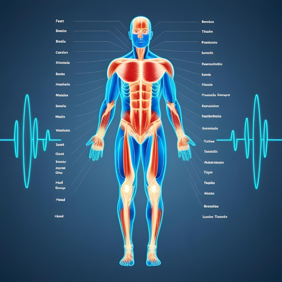 Human body graphic showing progressive muscle relaxation from feet to head, with highlighted zones.