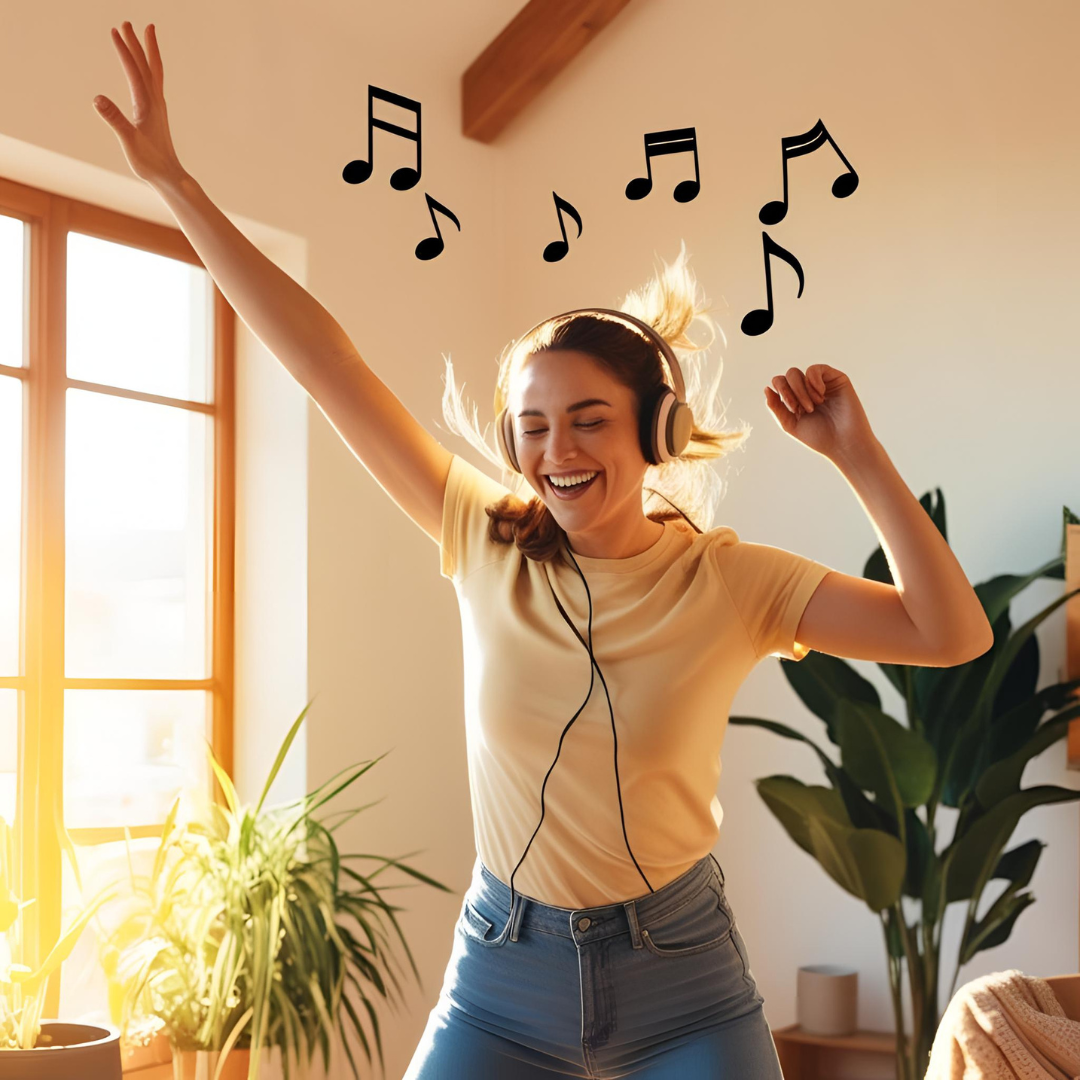 Smiling person dancing to music with headphones on in a sunny room, surrounded by musical notes.