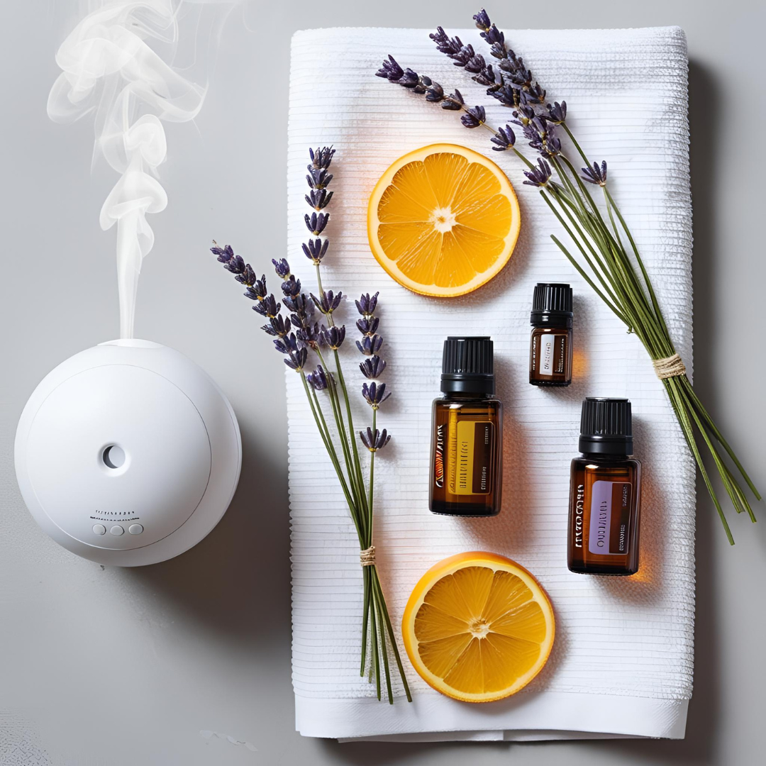 Flat lay of essential oils, lavender, and a diffuser for aromatherapy and stress relief.