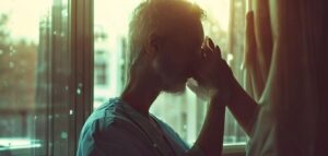 A physician in a moment of quiet reflection, looking out a window, with a translucent overlay of hands gently touching, symbolizing the human connection in healthcare.
