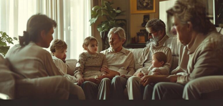 A multi-generational family in a living room, subtly showing the nuanced dynamics between an adult son, his parents, and his new partner with a child, representing shared living challenges.
