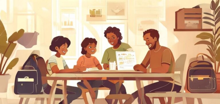 A family discussing an emergency preparedness checklist, symbolizing proactive readiness and communication.